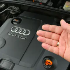 Dłoń pokazuje silnik Audi 2.0 TDI. Widoczny jest pomarańczowy bagnet do sprawdzania poziomu oleju, a obok niego korek, pod którym może znajdować się masło pod korkiem oleju.
