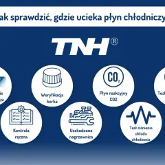 Grafika pokazuje metody diagnozowania wycieków płynu chłodniczego: kontrola poziomu oleju, weryfikacja korka, płyn reakcyjny CO2, test UV, kontrola ręczna, uszkodzona nagrzewnica i test ciśnienia układu.