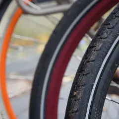 Zbliżenie na opony rowerowe 29 cali z widocznymi bieżnikami i obręczami w różnych kolorach.