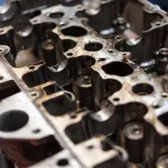 Metalowa głowica silnika z widocznymi sprężynami zaworowymi i otworami.