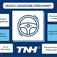 Grafika z ikoną kierownicy i tekstem: objawy uszkodzonej maglownicy, wycieki płynu, stukanie, luz, nieszczelność, ciężka kierownica, zużycie opon.