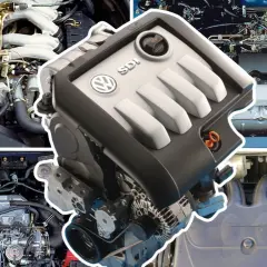 Silnik wolnossący VW SDI w centrum, otoczony innymi silnikami samochodowymi.