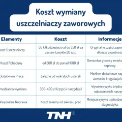 Tabela kosztów wymiany uszczelniaczy zaworowych. Objawy uszkodzeń mogą prowadzić do wyższych kosztów naprawy.