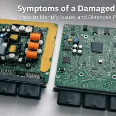 Dwa moduły ECU, jeden z widocznymi uszkodzeniami, pokazują, co to jest ECU i jak rozpoznać problemy.