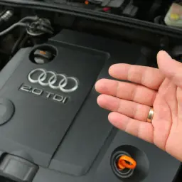 Dłoń pokazuje silnik Audi 2.0 TDI. Widoczny jest pomarańczowy bagnet do sprawdzania poziomu oleju, a obok niego korek, pod którym może znajdować się masło pod korkiem oleju.