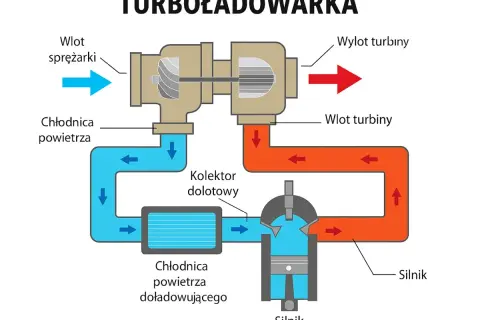 Schemat działania turbiny w samochodzie: sprężarka zasysa powietrze, które jest chłodzone i trafia do silnika. Spaliny napędzają turbinę.