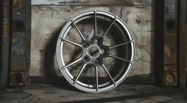 Nowoczesna felga aluminiowa 16 cali, z wieloma ramionami, prezentuje się na tle industrialnej ściany.