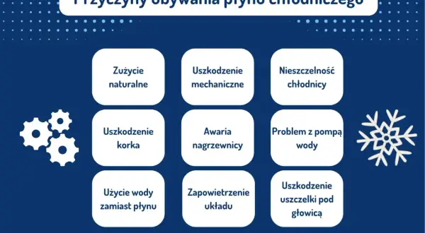 Przyczyny ubywania płynu chłodniczego: zużycie naturalne, uszkodzenia mechaniczne, nieszczelność chłodnicy, awaria nagrzewnicy, problem z pompą wody, uszkodzenie korka, użycie wody zamiast płynu, zapowietrzenie układu, uszkodzenie uszczelki pod głowicą.