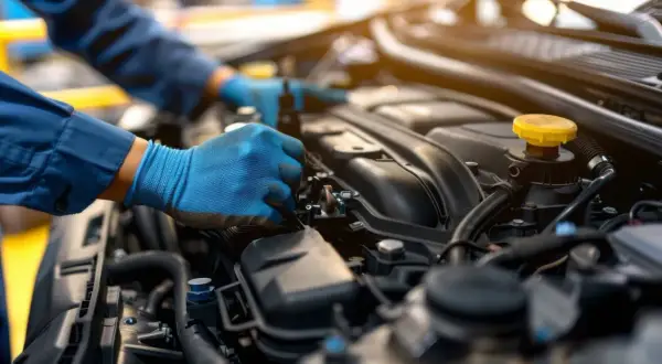 Mechanik w niebieskich rękawiczkach sprawdza silnik. Może to być związane z objawami cewki zapłonowej.