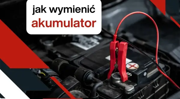 Instrukcja jak wymienić akumulator w samochodzie. Czerwony kabel z klemą podłączony do bieguna akumulatora.