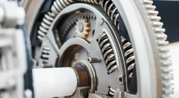 Mechanizm z zębatkami i sprężynami, element dociskowy w przekładni.