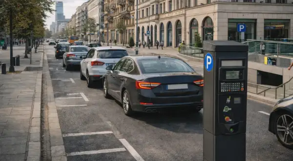 Miejski parking z parkomatem, gdzie można zapłacić za postój, np. za euro 6. Samochody stoją w kolejce.