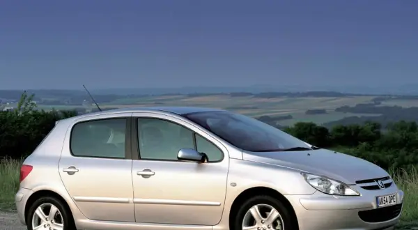 Srebrny Peugeot 307 2.0 HDI na tle malowniczego krajobrazu.