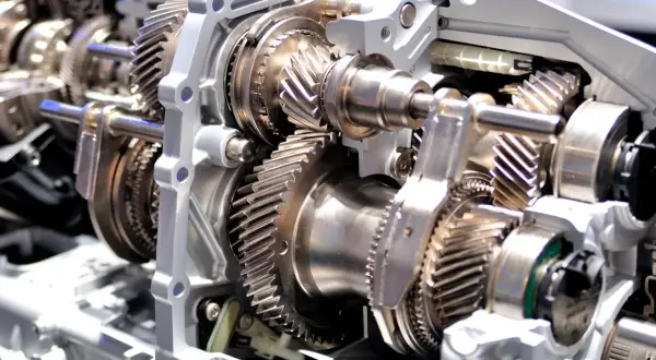 Widok przekładni wewnątrz skrzyni biegów manualnej. Metalowe koła zębate i wałki tworzą skomplikowany mechanizm.