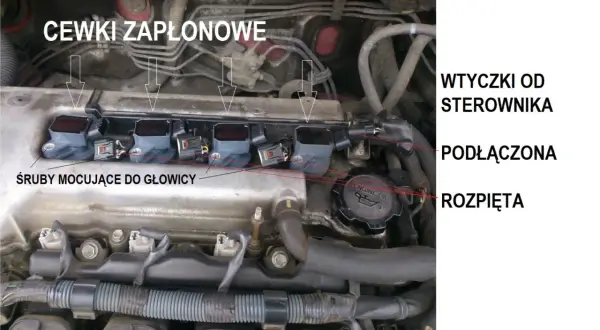 Silnik z widocznymi cewkami zapłonowymi, śrubami mocującymi do głowicy i wtyczkami od sterownika. Gotowy do wymiany cewki zapłonowej.