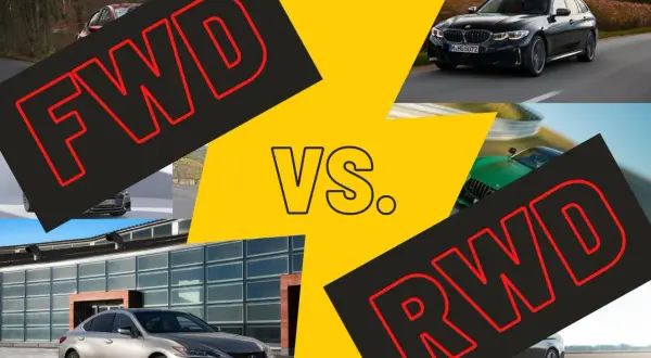 Porównanie aut z napędem FWD i RWD. Widoczne samochody: Lexus, BMW, zielony sportowy model.