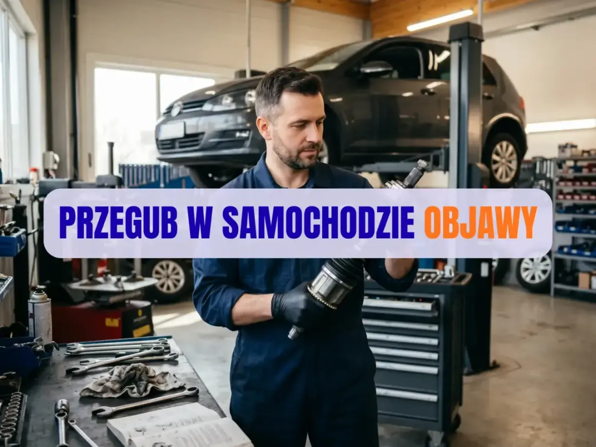 Mechanik w warsztacie samochodowym trzyma przegub. Na ekranie napis "PRZEGUB W SAMOCHODZIE OBJAWY".