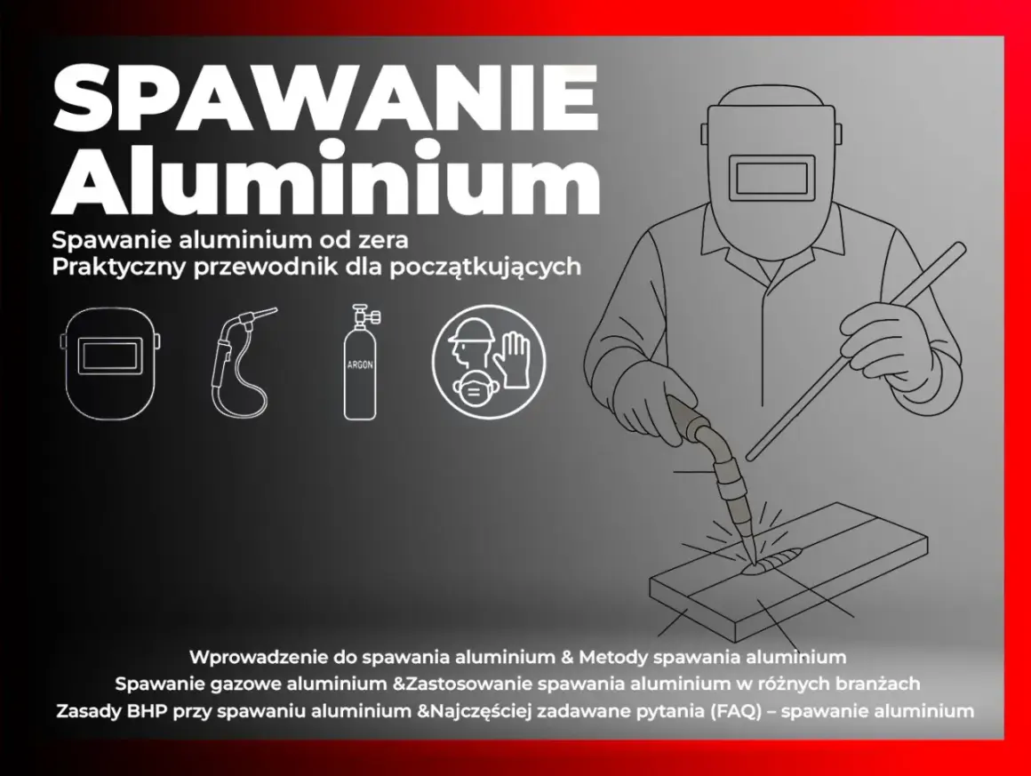 Ilustracja przedstawia spawanie aluminium migomatem. Widoczny spawacz w masce ochronnej, butla z argonem i palnik.