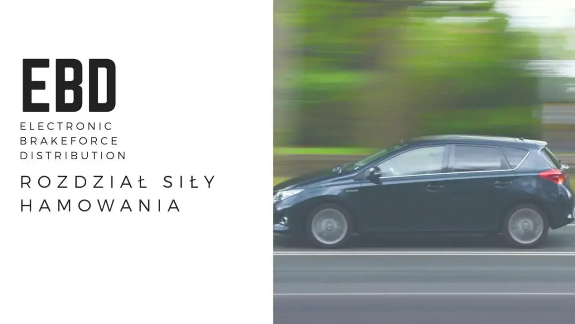 EBD - elektroniczny rozdział siły hamowania. Ciemny samochód w ruchu, z rozmytym tłem.