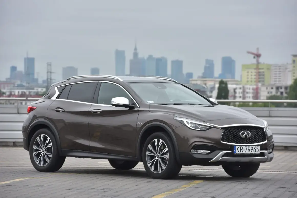 Brązowy Infiniti QX30 na tle miejskiej panoramy. Elegancki crossover gotowy na miejskie wyzwania.