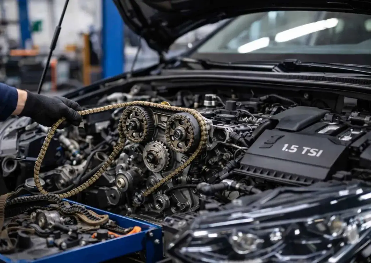 Mechanik w czarnej rękawiczce trzyma łańcuch rozrządu przy silniku 1.5 TSI. W niebieskiej skrzynce leżą stare części.