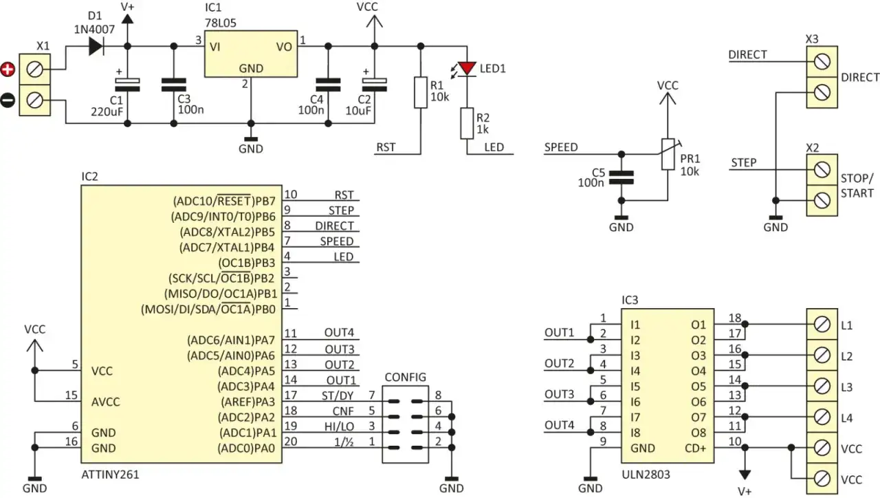 Schemat zawiera mikrokontroler ATTINY261 (IC2), który steruje układem ULN2803 (IC3). Układ ten może być używany do sterowania silnikami krokowymi lub innymi urządzeniami. Pytanie 