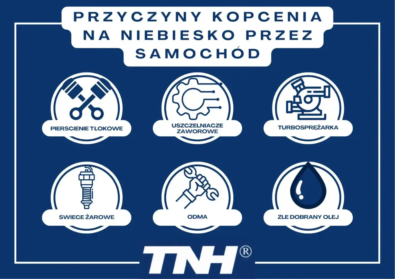 Nieszczelna odma objawy to jedna z przyczyn niebieskiego dymu z samochodu. Grafika przedstawia też inne przyczyny.