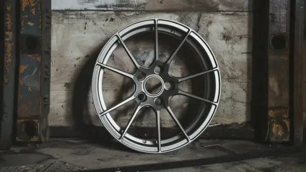 Nowoczesna felga aluminiowa 16 cali, z wieloma ramionami, prezentuje się na tle industrialnej ściany.