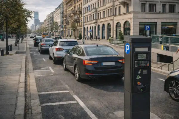 Miejski parking z parkomatem, gdzie można zapłacić za postój, np. za euro 6. Samochody stoją w kolejce.