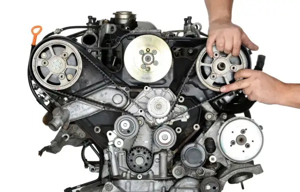 Mechanik wykonuje wymianę paska rozrządu w silniku samochodowym, precyzyjnie manipulując elementami układu.