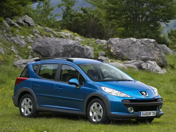 Niebieski Peugeot 207 SW na tle skalistego krajobrazu. Wiele osób chwali ten model, a opinie o nim są pozytywne.