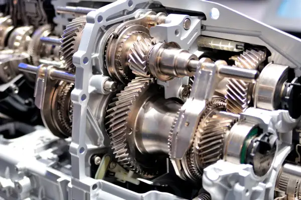 Widok przekładni wewnątrz skrzyni biegów manualnej. Metalowe koła zębate i wałki tworzą skomplikowany mechanizm.