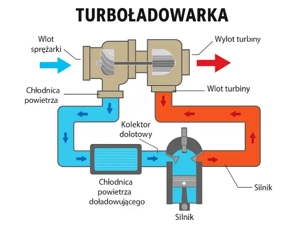 Schemat działania turbiny w samochodzie: sprężarka zasysa powietrze, które jest chłodzone i trafia do silnika. Spaliny napędzają turbinę.