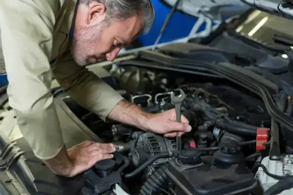 Mechanik z kluczem w ręku sprawdza świece żarowe w silniku samochodu.