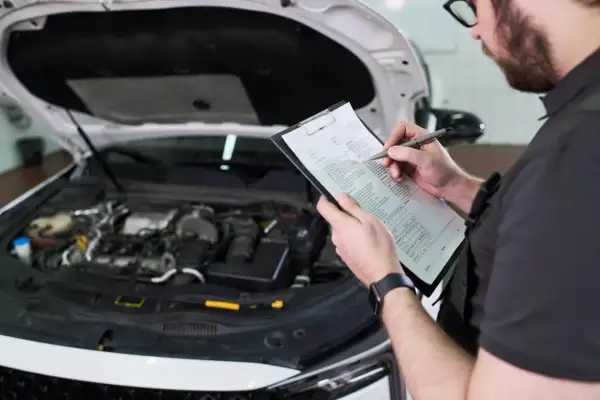 Mechanik sprawdza listę kontrolną przy otwartej masce samochodu. Dowiedz się, ile kosztuje badanie techniczne samochodu.