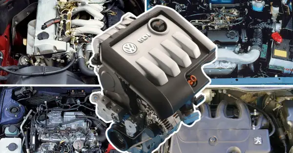 Silnik wolnossący VW SDI w centrum, otoczony innymi silnikami samochodowymi.