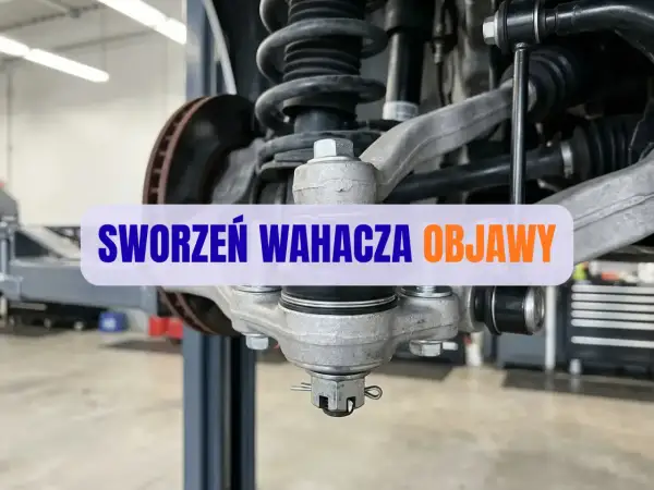 Widok z bliska na element zawieszenia samochodu, gdzie widać sworzeń wahacza. Objawy jego zużycia mogą prowadzić do problemów z prowadzeniem pojazdu.