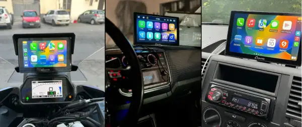 Trzy ujęcia ekranów z funkcją mirror link w samochodach i na motocyklu, pokazujące nawigację i aplikacje.
