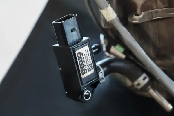 Czujnik ciśnienia spalin z etykietą VW AG. Kluczowy element układu wydechowego, zapewniający optymalną pracę silnika.
