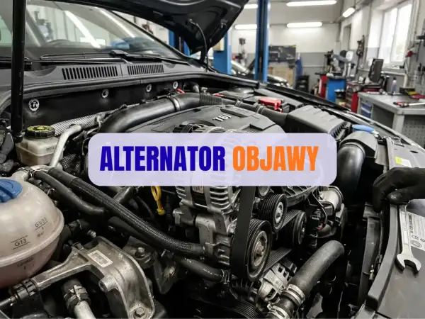 Silnik samochodowy z widocznym alternatorem. Napis "ALTERNATOR OBJAWY" sugeruje problemy z tym elementem.