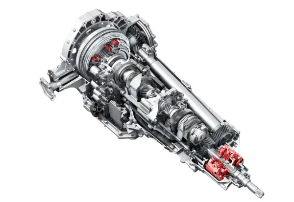 Przekładnia s tronic z widocznymi elementami hydraulicznymi i mechanicznymi.