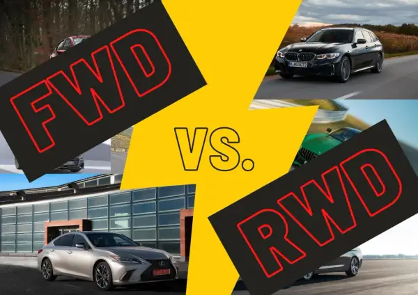 Porównanie aut z napędem FWD i RWD. Widoczne samochody: Lexus, BMW, zielony sportowy model.
